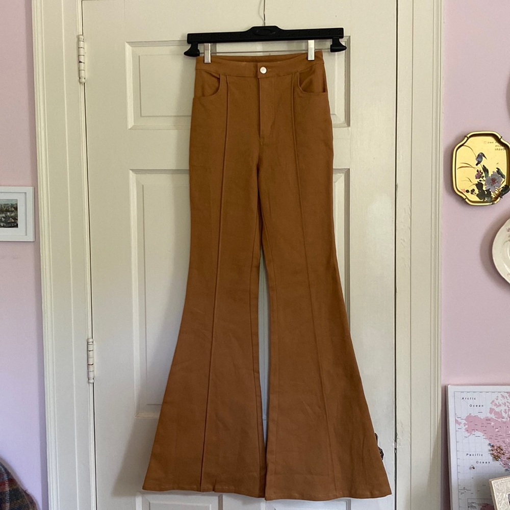 Jealous Tomato Camel Brown Flared Twill Pants